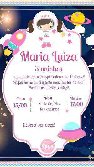 Convite Aniversário Astronauta Menina com Foguete Rosa para Editar