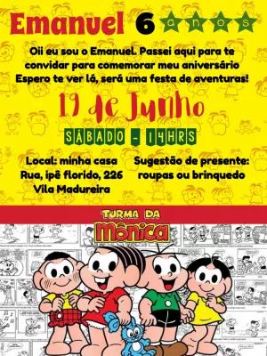 Convite Aniversário Turma da Mônica para Editar Online