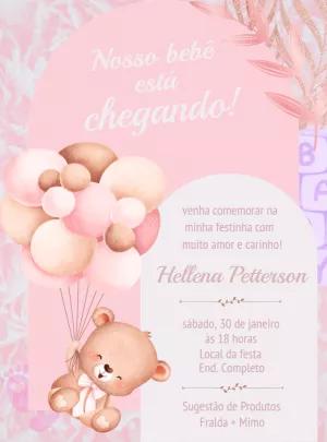 Convite Chá de Bebê Ursinha com Balões para Editar Online