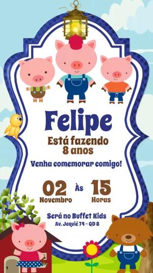 Convite de Aniversário Três Porquinhos para Editar Online