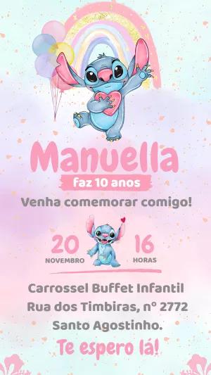 Convite Aniversário Stitch Fofo com Arco-íris para Editar