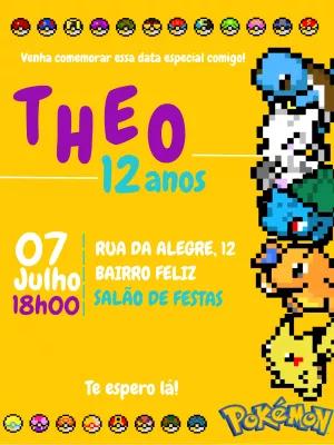 Convite de Aniversário Pokémon Pixel Art para Editar Online