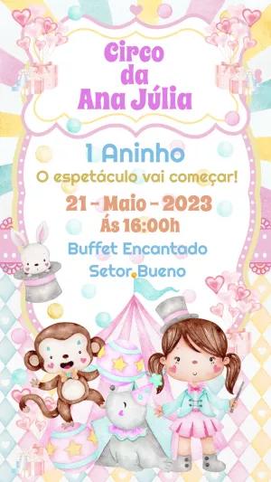Convite Aniversário Circo Aquarela Menina para Editar Online