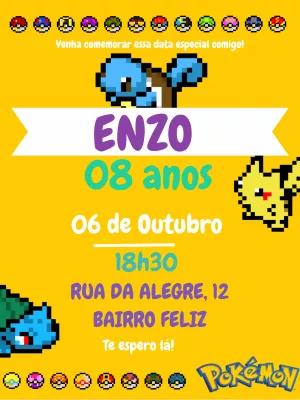Convite Aniversário Pokémon Pixel Art para Editar Online