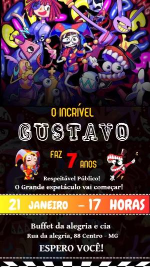 Convite Aniversário Circo Digital com Personagens para Editar
