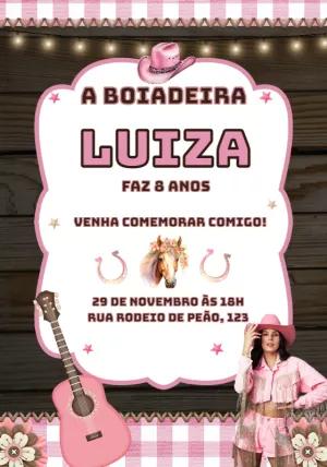 Convite Aniversário Boiadeira Rosa Estilo Country para Editar