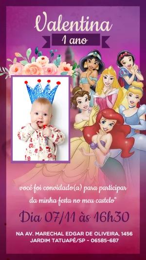 Convite Aniversário Princesas Disney com Foto para Editar Online