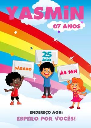 Convite Aniversário 3 Palavrinhas com Arco-Íris para Editar