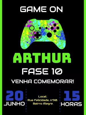Convite de Aniversário Videogame Neon para Editar Online