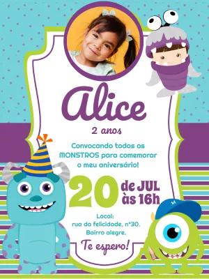Convite Aniversário Monstros S.A. com Foto para Editar Online