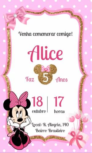 Convite Aniversário Minnie Rosa e Dourado para Editar Online