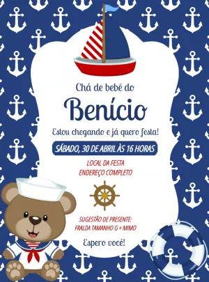 Convite Chá de Bebê Ursinho Marinheiro para Editar Online