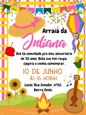 Convite Aniversário Festa Junina com Elementos Típicos para Editar