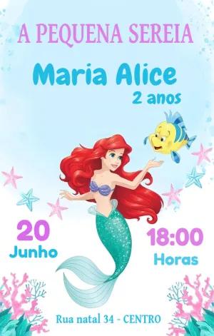Convite Aniversário Pequena Sereia Ariel para Editar Online