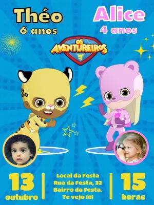 Convite Aniversário Duplo Aventureiros com Foto para Editar