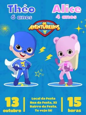 Convite Aniversário Duplo Aventureiros Heróis para Editar Online