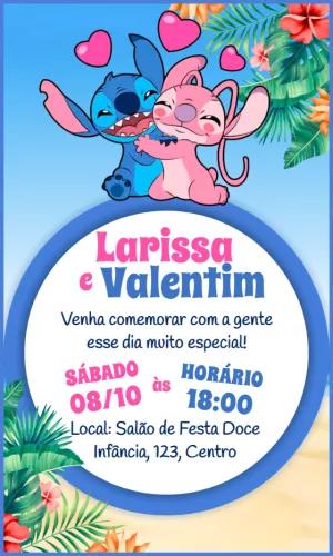 Convite Aniversário Duplo Stitch e Angel para Editar Online