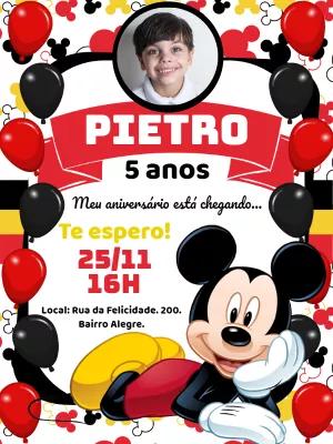 Convite de Aniversário Mickey Mouse com Foto para Editar Online