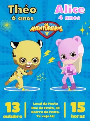 Convite Aniversário Duplo Aventureiros para Editar Online