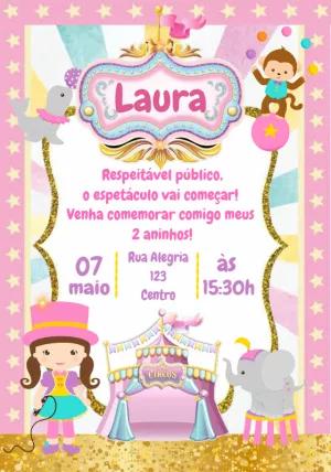 Convite Aniversário Circo Rosa Menina para Editar Online