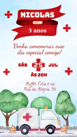 Convite de Aniversário Tema Ambulância para Editar Online