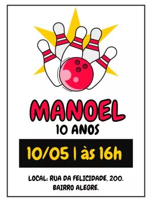 Convite de Aniversário Boliche com Pinos e Bola para Editar