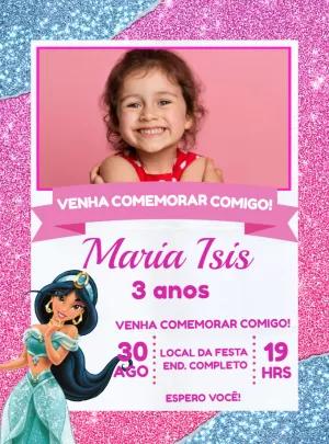 Convite Aniversário Jasmine com Foto para Editar Online