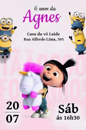Convite Aniversário Minions Agnes e Unicórnio para Editar