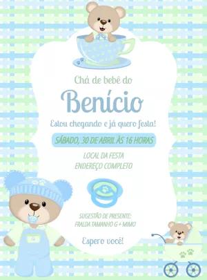 Convite Chá de Bebê Ursinho Azul para Editar Online