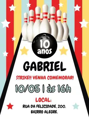 Convite de Aniversário Boliche com Pinos e Bola para Editar