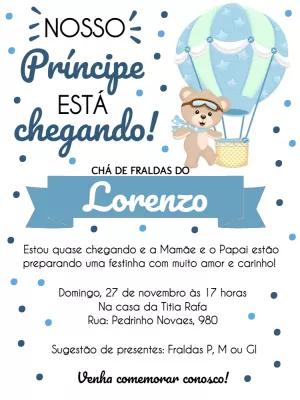 Convite Chá de Fraldas Ursinho Príncipe Balão para Editar Online
