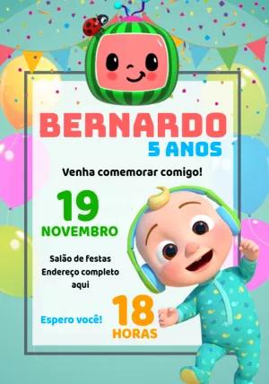 Convite Aniversário Cocomelon com Personagens para Editar Online