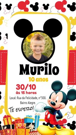 Convite Aniversário Mickey Mouse com Foto para Editar Online