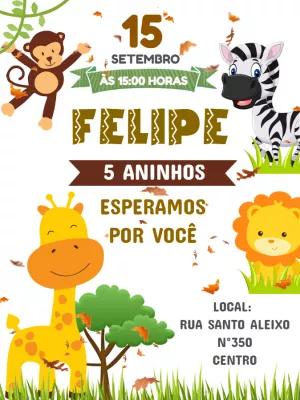 Convite Aniversário Safari com Animais Fofos para Editar
