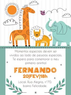 Convite de Aniversário Safari Boho com Animais para Editar Online