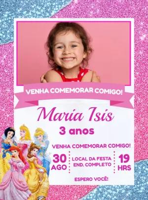 Convite Aniversário Princesas Disney com Foto para Editar Online