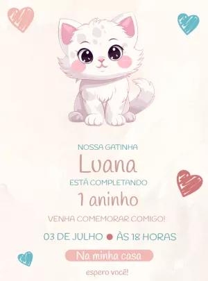 Convite de Aniversário Gatinha Rosa para Editar Online