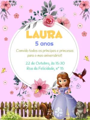 Convite Aniversário Princesa Sofia com Flores para Editar Online