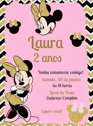 Convite Aniversário Minnie Rosa e Dourado para Editar Online