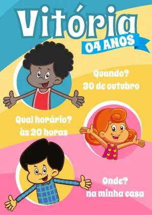 Convite Aniversário 3 Palavrinhas com Turma para Editar Online