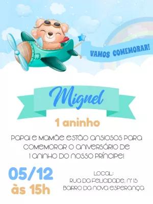 Convite de Aniversário Ursinho Aviador para Editar Online