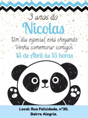 Convite Aniversário Panda Menino para Editar e Imprimir