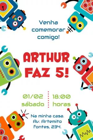 Convite de Aniversário Robôs Coloridos para Editar Online