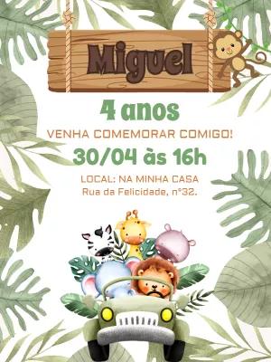 Convite Aniversário Safari Baby com Animais para Editar Online