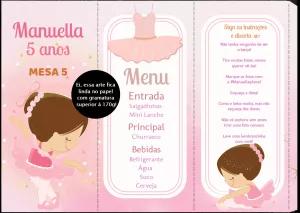 Menu de Mesa Bailarina Editável para Aniversário Infantil