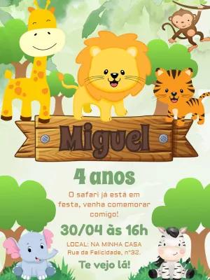 Convite de Aniversário Safari Baby com Animais para Editar Online