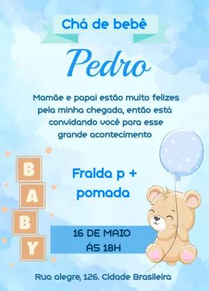 Convite Chá de Bebê Ursinho com Balão para Editar Online