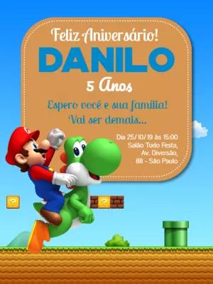 Convite de Aniversário Mario e Yoshi para Editar Online