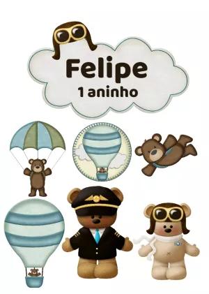 Topo de Bolo Ursinho Aviador para Editar e Imprimir Online