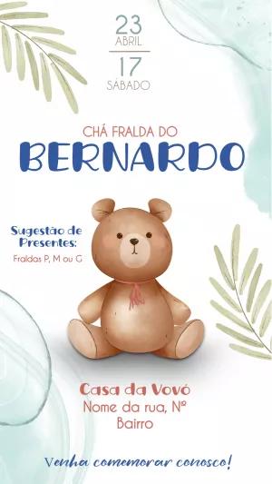 Convite Chá de Fraldas Ursinho Aquarela para Editar Online
